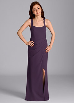 Azazie Mero Junior Vestido de Ciruela de Gasa de Corte Sirena con Plisado image3