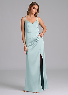 Azazie Leo Final Sale Mist Sheath Pleated Stretch Satin Dress image5