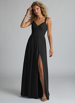 Azazie Aziza Bridesmaid Dresses Black A-Line V-Neck Pleated Chiffon Dress image2