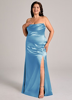 Azazie Saige Bridesmaid Dresses Steel Blue Sheath Off the Shoulder Metallic Satin Convertible Dress image12