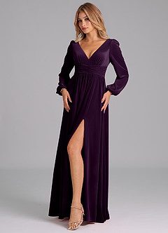 Azazie Norah Bridesmaid Dresses Grape A-Line Long Sleeve Velvet Dress image4