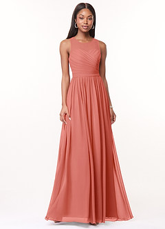 Azazie Nina Bridesmaid Dresses Salmon Pink A-Line Pleated Chiffon Dress image1