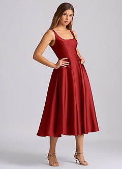 Azazie Amalie Bridesmaid Dresses Pomegranate A-Line Pleated Stretch Satin Dress image4