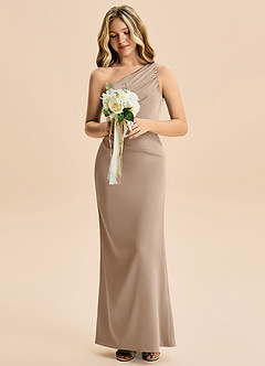 Azazie Akilah Junior Taupe Sheath Pleated Stretch Satin Dress image4