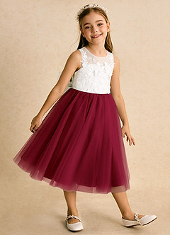 Azazie Lina Flower Girl Dresses Ivory Burgundy Ball-Gown Lace Dress image4