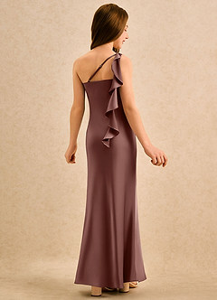 Azazie Almond Girls Formal Robe Demoiselle D'honneur Fillette Robe Fourreau en Satin extensible Une épaule Expresso image1