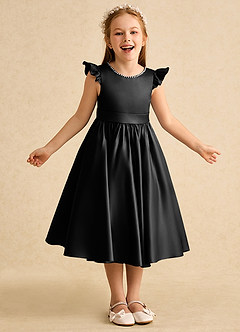 Azazie Dumpling Flower Girl Dresses Black A-Line Bow Matte Satin Dress image2