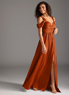 Azazie Lianne Bridesmaid Dresses Burnt Orange A-Line Off the Shoulder Stretch Satin Dress image11