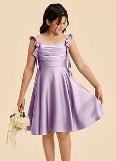 Azazie Kira Junior Frosted Lilac A-Line Ruched Stretch Satin Dress image5