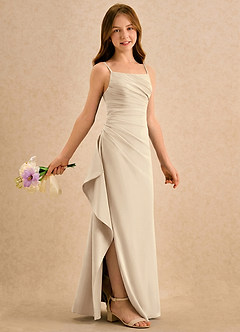 Azazie Cannoli Girls Formal Robe Demoiselle D'honneur Fillette Robe Trapèze en Mousseline de soie Plissée Champagne image1