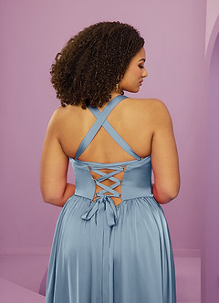 Barbie ♥ Azazie Jurken voor bruidsmeisjes Jurk van Stretch Satijn met A-Lijn met Zakken Stoffig Blauw image9