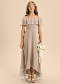 Azazie Maggie Junior Taupe A-Line Off the Shoulder Chiffon Dress image5