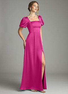 Azazie Fyona Bridesmaid Dresses Fuchsia A-Line Pleated Stretch Satin Dress image5