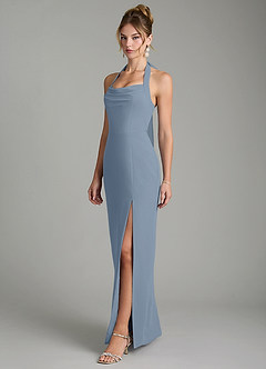 Azazie Arnelle Bridesmaid Dresses Dusty Blue Sheath Pleated Chiffon Dress image4