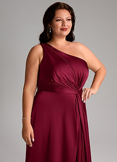 Azazie Brooke Bridesmaid Dresses Burgundy A-Line One Shoulder Stretch Satin Dress image13
