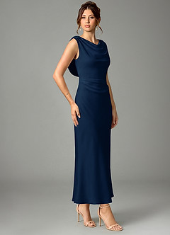 Azazie Kieryn Bridesmaid Dresses Dark Navy Mermaid Pleated Stretch Satin Dress image3