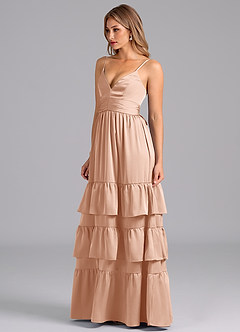 Azazie Nathalia Bridesmaid Dresses Rose Gold A-Line Pleated Stretch Satin Dress image4