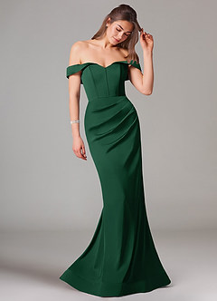 Azazie Everly Robes de demoiselle d'honneur Robe Sirène Convertible en Satin extensible Épaule décolletée Vert Foncé image6