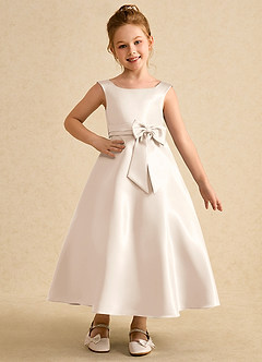 Azazie Eve Flower Girl Dresses White Alabaster A-Line Pleated Matte Satin Dress image1