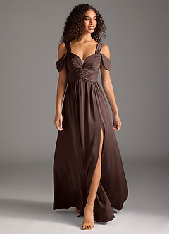 Azazie Lianne Robes de demoiselle d'honneur Robe Trapèze en Satin extensible Épaule décolletée Ganache image2