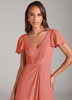 Azazie Soren Bridesmaid Dresses Salmon Pink A-Line Ruched Chiffon Dress image12