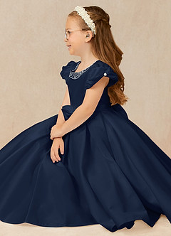 Azazie Jewel vestidos de niña de las flores Vestido de Azul Marino Oscuro de Satin Mate de Princesa con Plisado image3