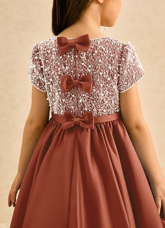 Azazie Cashew Flower Girl Dresses Auburn Ball-Gown with Sleeves Matte Satin Dress image7
