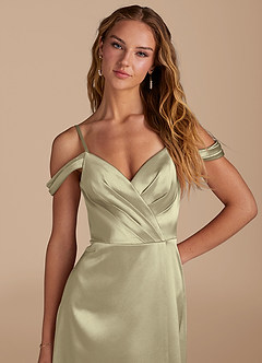 Azazie Ocean Robes de demoiselle d'honneur Robe Trapèze en Satiné métallisé Épaule décolletée Vert Mousse image6