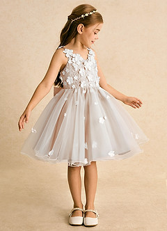 Azazie Junebug vestidos de niña de las flores Vestido de Marfil Rosa Inglesa de Tul de Princesa con Encaje image4