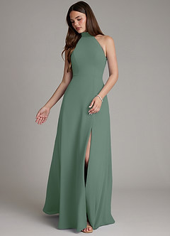 Azazie Myra Vestidos de damas de honor Vestido de Eucalipto de Gasa de Corte en A con Cuello Alto image4