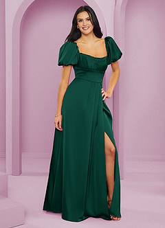 Barbie ♥ Azazie Bridesmaid Dresses Emerald A-Line Ruched Stretch Satin Dress image4
