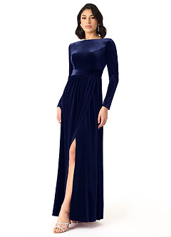 Azazie Brynn Bridesmaid Dresses Dark Navy A-Line Long Sleeve Velvet Dress image2
