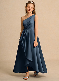 Azazie Taffy Girls Formal Robe Demoiselle D'honneur Fillette Robe Trapèze en Mat Satiné Dentelle Neptune image1