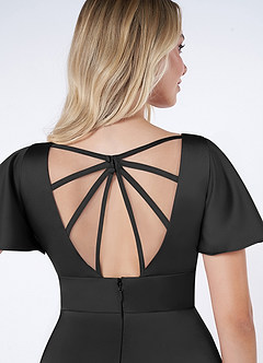 Azazie Lani Bridesmaid Dresses Black A-Line Flounce Sleeve Stretch Satin Dress image3