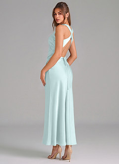 Azazie Evadne Vestidos de damas de honor Vestido de Vidrio Marino de Satén Elástico de Corte Recto con Plisado image2