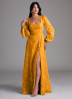 Azazie Leonia At-home Try On Dresses Butterscotch A-Line Long Sleeve Floral Burnout Dress image4
