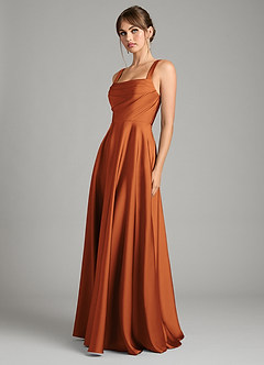Azazie Shaude Bridesmaid Dresses Cinnamon A-Line Pleated Stretch Satin Dress image5