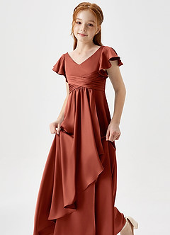 Azazie Omari Junior Terracotta A-Line Pleated Stretch Satin Dress image6