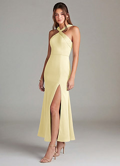 Azazie Rue Bridesmaid Dresses Lemon Sorbet Mermaid Pleated Stretch Satin Dress image4