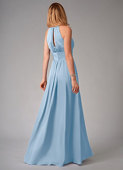 Azazie Bonnie At-home Try On Dresses Dusty Blue A-Line Pleated Stretch Satin Dress image2