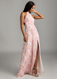 Azazie Clarice Bridesmaid Dresses Abstract Watercolor Floral A-Line Halter Chiffon Dress image4