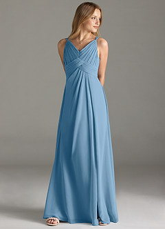 Azazie Maren Allure Junior Vestido de Azul Acero de Gasa de Corte en A con Encaje image3