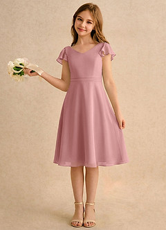 Azazie Narin Girls Formal Robe Demoiselle D'honneur Fillette Robe Trapèze en Mousseline de soie avec manches Rose Poussiéreuse image1