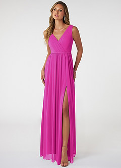 Azazie Tanicia Bridesmaid Dresses Fuchsia A-Line V-Neck Pleated Mesh Dress image5