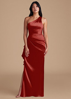Azazie Latrice Bridesmaid Dresses Rust Sheath One Shoulder Metallic Satin Dress image2