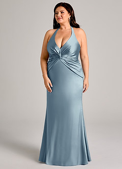 Azazie Valerie Bridesmaid Dresses Dusty Blue Mermaid Pleated Stretch Satin Dress image5