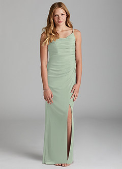 Azazie Deandra Junior Dusty Sage Sheath Mesh Dress image1