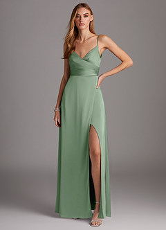 Azazie Calissa Bridesmaid Dresses Matcha A-Line V-Neck Pleated Stretch Satin Dress image1