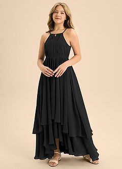 Azazie Elliora Junior Black A-Line Pleated Chiffon Dress image4