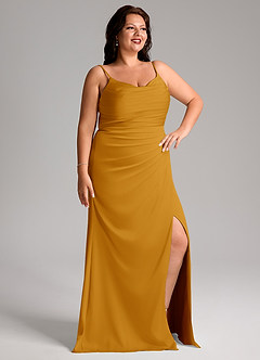 Azazie Deandra Bridesmaid Dresses Butterscotch Mermaid Pleated Stretch Satin Dress image4